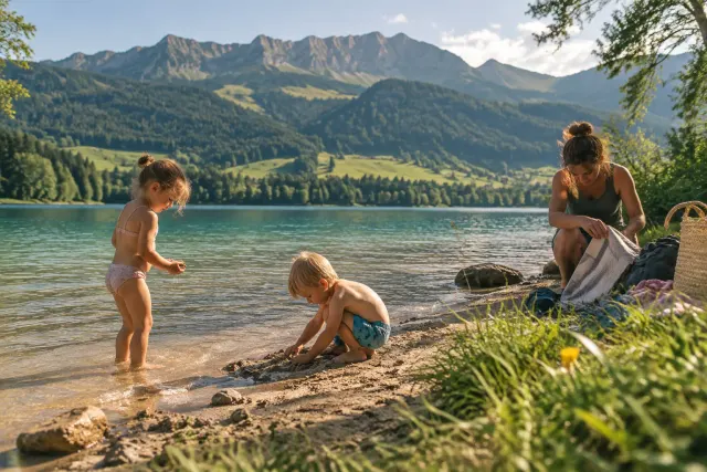 Familienurlaub im Allgäu: Kinder spielen am Ufer des Großen Alpsees im flachen Wasser, dahinter die Berge