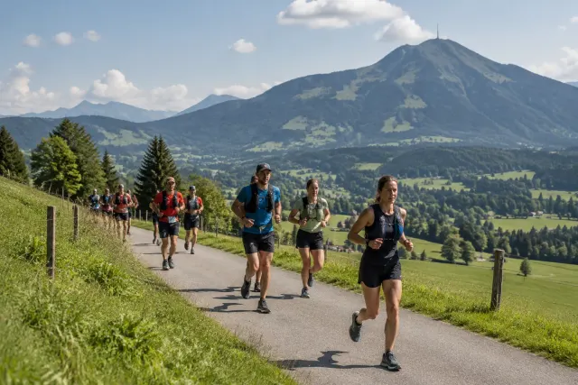 Läuferinnen und Läufer auf einem Wiesenweg oberhalb von Sonthofen, dahinter der Grünten – Allgäu Panorama Marathon