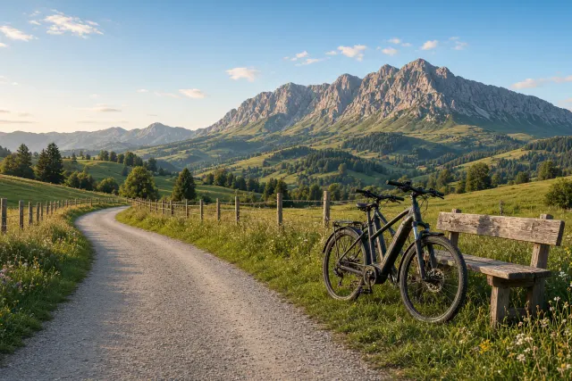 Schotterweg durch blühende Wiesen im Oberallgäu, am Wegrand ein E-Bike an einer Holzbank, dahinter ein Felsberg unter blauem Himmel