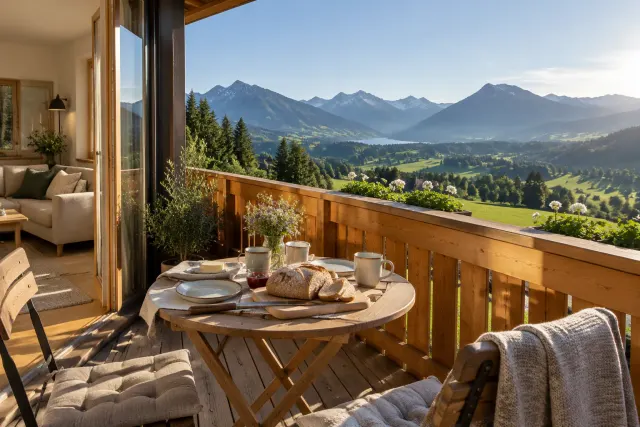 Holzbalkon einer Ferienwohnung im Allgäu mit gedecktem Frühstückstisch und Blick über das grüne Tal auf die Berge