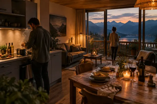 Abend in einer Ferienwohnung im Allgäu: gedeckter Tisch, offene Küche und Balkon mit Blick auf See und Berge im Abendrot