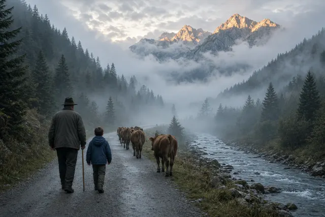 Hirte mit Kind treibt am frühen Morgen einige Kühe auf einem Talweg am Bach entlang, Nebel zwischen den Hängen, Sonne auf den Gipfeln