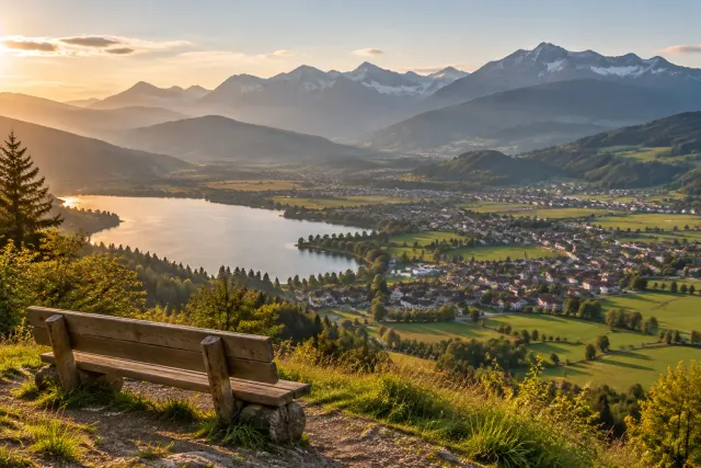 Aussichtsbank über dem Allgäu im Abendlicht mit Blick auf See, Orte im Tal und die Allgäuer Alpen