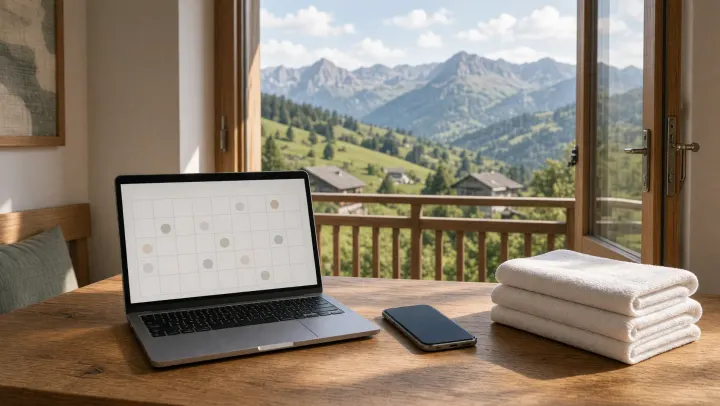 Laptop mit Kalender und Smartphone auf dem Tisch einer frisch gereinigten Ferienwohnung, daneben gefaltete Handtücher