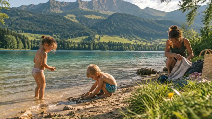 Familienurlaub im Allgäu: Kinder spielen am Ufer des Großen Alpsees im flachen Wasser, dahinter die Berge
