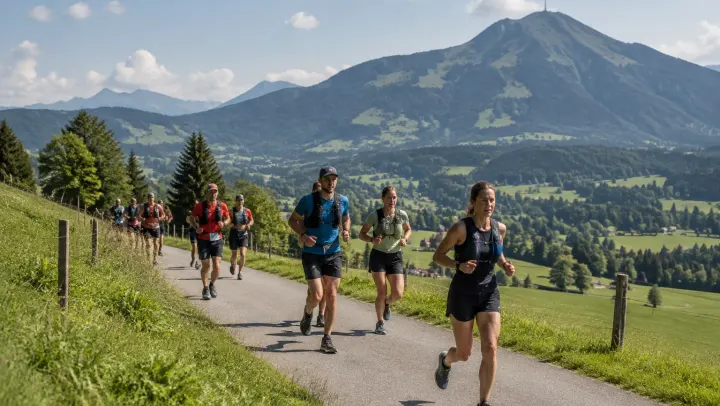 Läuferinnen und Läufer auf einem Wiesenweg oberhalb von Sonthofen, dahinter der Grünten – Allgäu Panorama Marathon