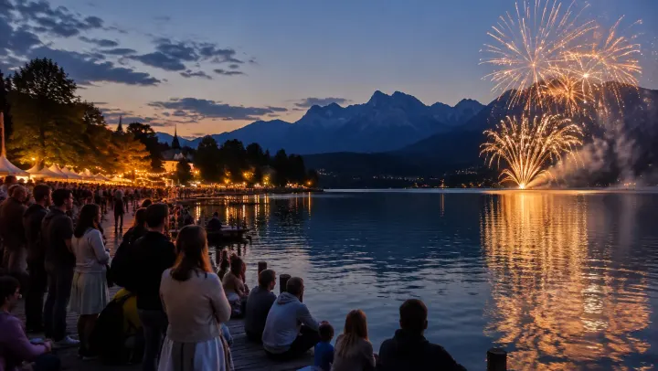 Feuerwerk über dem Großen Alpsee in der Abenddämmerung, Zuschauer stehen am beleuchteten Ufer – Bühler Seenachtsfest