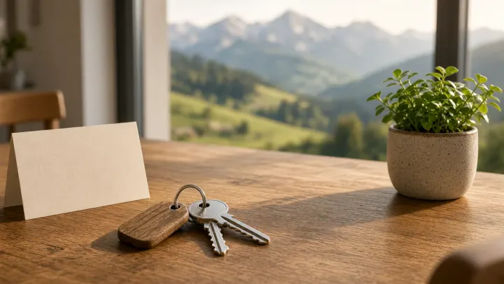 Wohnungsschlüssel mit Holzanhänger und Willkommenskarte auf einem Holztisch, durchs Fenster Wiesen und Berge