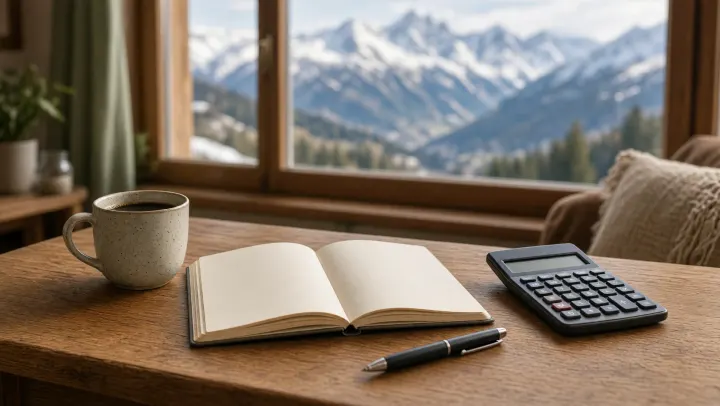 Schreibtisch in einer Ferienwohnung mit Notizbuch, Taschenrechner und Kaffee, im Hintergrund die Berge