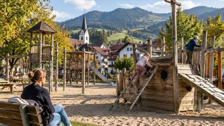 Spielplatz in Immenstadt mit Holzschiff, Rutsche und Klettergerüst im Sand, dahinter Kirchturm und die Berge des Allgäus