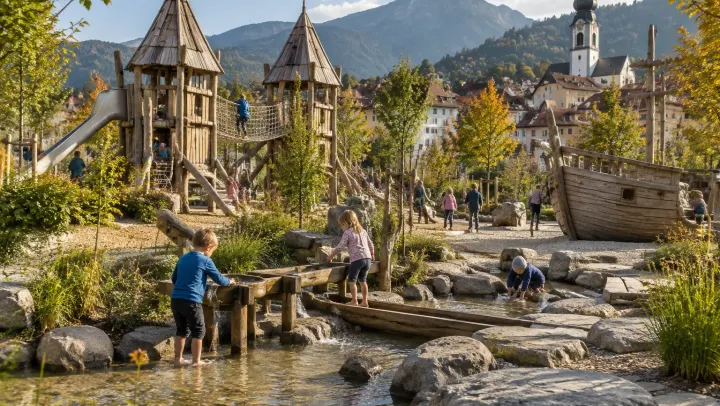 Symbolbild: Naturspielplatz mit Holztürmen, Bachlauf und Holzschiff, dahinter Kirchturm und Berge – so ähnlich soll der neue Spielplatz im Hofgarten Immenstadt werden