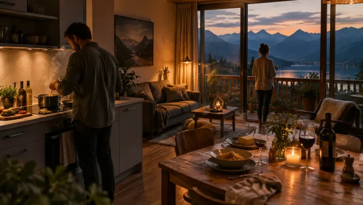 Abend in einer Ferienwohnung im Allgäu: gedeckter Tisch, offene Küche und Balkon mit Blick auf See und Berge im Abendrot