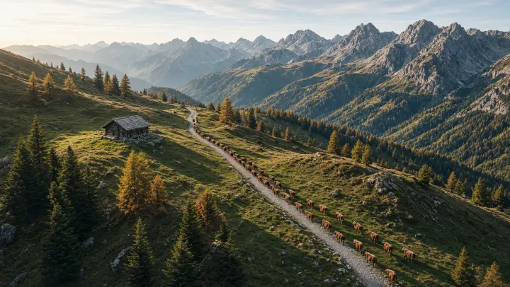 Alpabtrieb im Allgäu: eine lange Reihe Kühe zieht auf einem Schotterweg von der Alphütte über herbstliche Bergwiesen ins Tal
