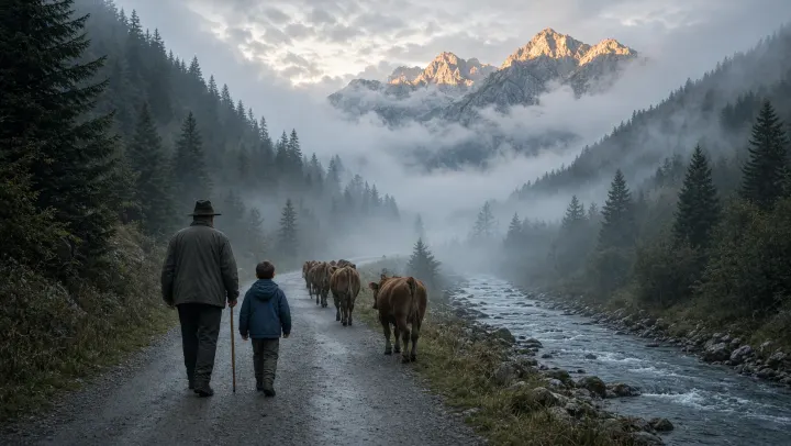 Hirte mit Kind treibt am frühen Morgen einige Kühe auf einem Talweg am Bach entlang, Nebel zwischen den Hängen, Sonne auf den Gipfeln