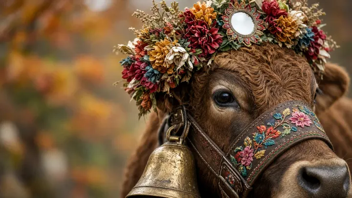 Nahaufnahme eines Kranzrinds beim Viehscheid: bunter Blumenkranz mit Spiegel, besticktes Glockenband und große Messingglocke