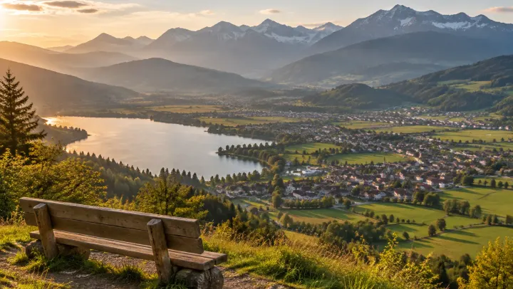 Aussichtsbank über dem Allgäu im Abendlicht mit Blick auf See, Orte im Tal und die Allgäuer Alpen