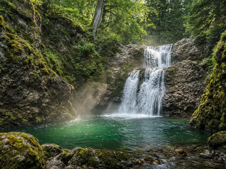 Die Buchenegger Wasserfälle bei Oberstaufen: Die Weißach stürzt über zwei Stufen aus Nagelfluhfels in ein grünes Becken, umgeben von dichtem Wald
