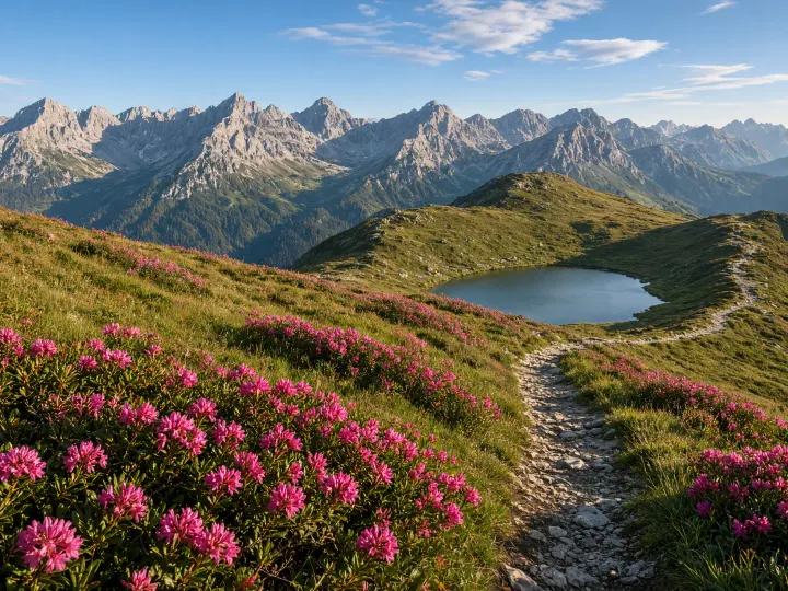 Blühende Alpenrosen an den grünen Hängen des Fellhorns bei Oberstdorf, dahinter die Gipfel der Allgäuer Alpen im Morgenlicht