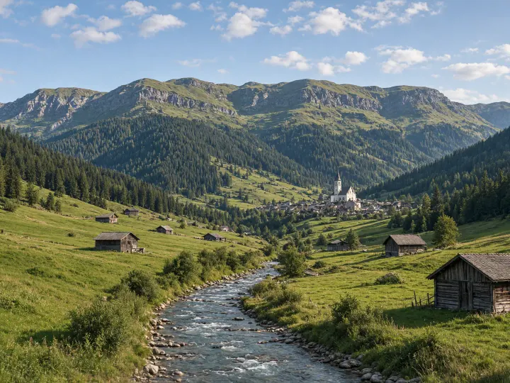 Blick ins Gunzesrieder Tal: grüne Alpwiesen mit verstreuten Heustadeln, der Bach im Talgrund und dahinter die bewaldeten Hänge der Nagelfluhkette