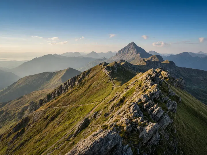 Grasiger Grat der Nagelfluhkette mit schräg gestellten Nagelfluh-Felsrippen, Blick vom Rindalphorn zum Hochgrat, im Hintergrund die Allgäuer Alpen