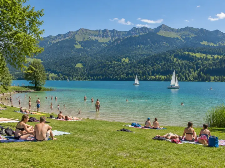 Badewiese am Großen Alpsee bei Immenstadt: Menschen liegen in der Sonne und baden im türkisen Wasser, Segelboote vor den bewaldeten Bergen