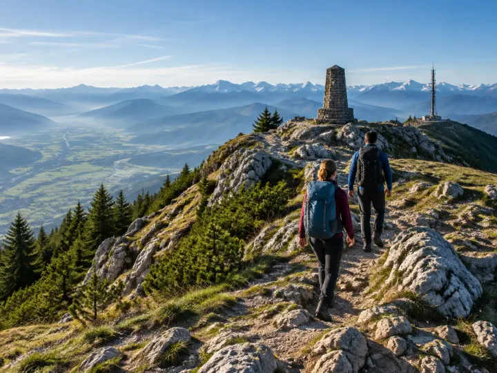 Wanderer auf dem felsigen Gipfelgrat des Grünten mit Denkmal und Sendemast, Blick weit über das Allgäu
