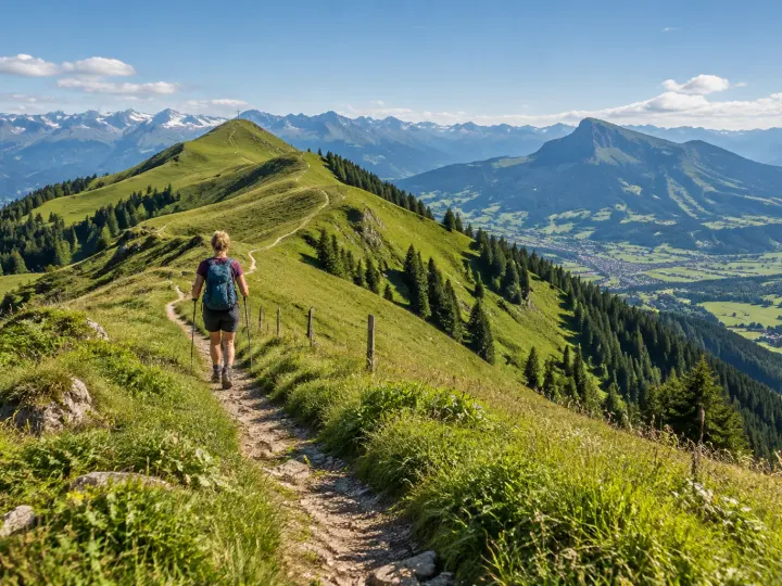 Wanderin auf dem Panoramaweg über den grünen Grat der Hörnerkette, rundum Alpwiesen und die Allgäuer Alpen