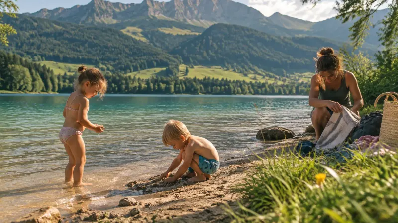 Familienurlaub im Allgäu: Kinder spielen am Ufer des Großen Alpsees im flachen Wasser, dahinter die Berge