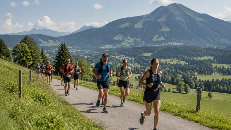 Läuferinnen und Läufer auf einem Wiesenweg oberhalb von Sonthofen, dahinter der Grünten – Allgäu Panorama Marathon