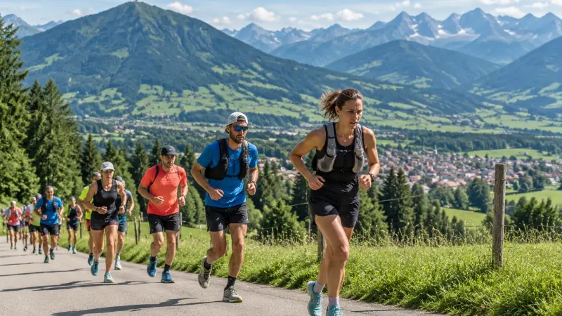 Läuferinnen und Läufer beim Allgäu Panorama Marathon auf einem Weg oberhalb von Sonthofen, dahinter der Grünten und die Allgäuer Alpen