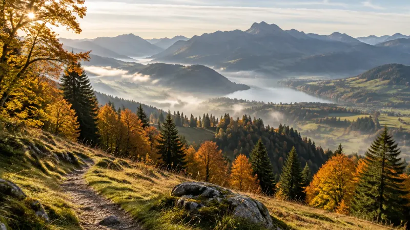 Herbst im Allgäu: Wanderweg durch goldene Lärchen, im Tal liegt Nebel über dem See, dahinter die Bergketten