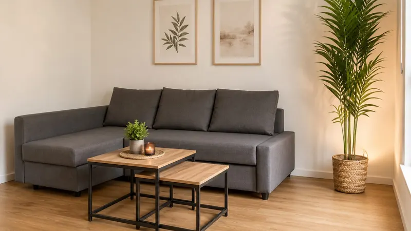 Gemütliches Wohnzimmer einer hundefreundlichen Ferienwohnung im Allgäu mit Ecksofa und pflegeleichtem Holzboden