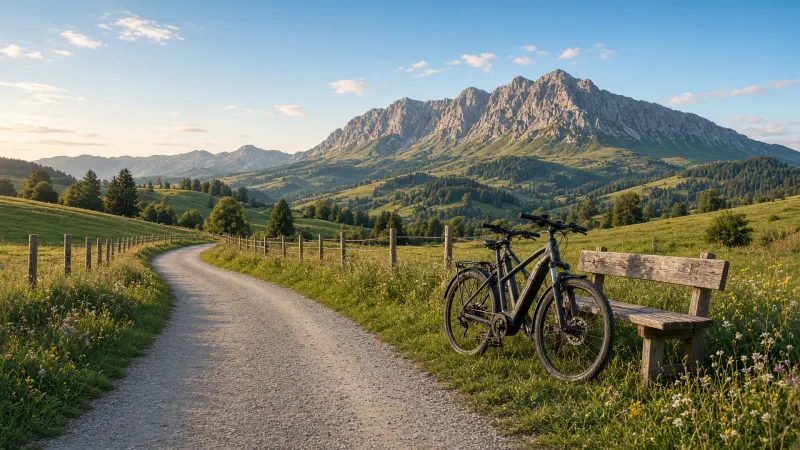 Schotterweg durch blühende Wiesen im Oberallgäu, am Wegrand ein E-Bike an einer Holzbank, dahinter ein Felsberg unter blauem Himmel