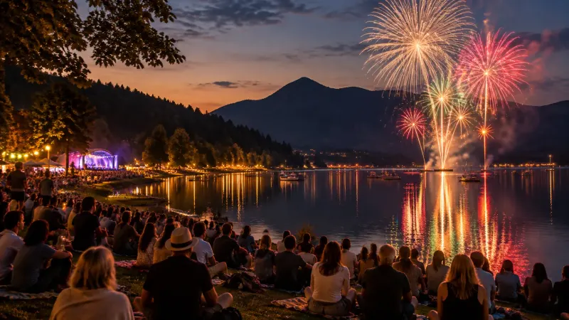 Feuerwerk über dem Großen Alpsee beim Bühler Seenachtsfest, Zuschauer sitzen am Ufer, die Lichter spiegeln sich im See