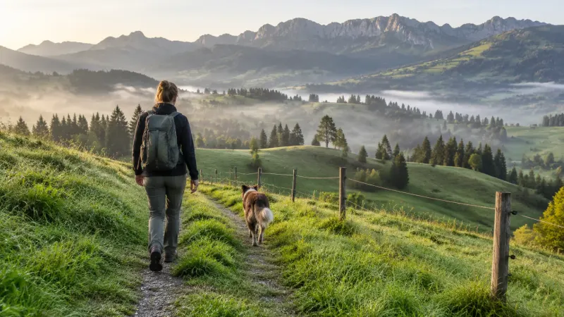 Wanderung mit Hund im Allgäu: Frau mit Rucksack und Hund auf einem Wiesenweg, Morgennebel über den Hügeln und Bergen