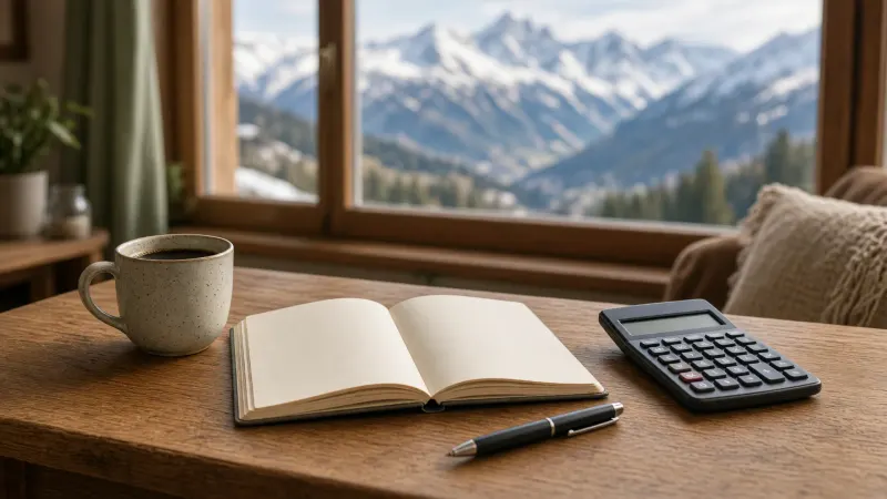 Schreibtisch in einer Ferienwohnung mit Notizbuch, Taschenrechner und Kaffee, im Hintergrund die Berge