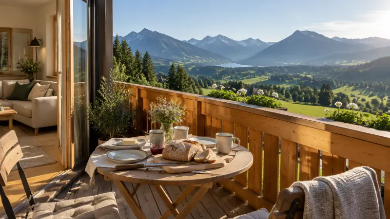 Holzbalkon einer Ferienwohnung im Allgäu mit gedecktem Frühstückstisch und Blick über das grüne Tal auf die Berge