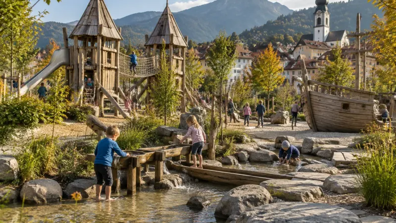 Symbolbild: Naturspielplatz mit Holztürmen, Bachlauf und Holzschiff, dahinter Kirchturm und Berge – so ähnlich soll der neue Spielplatz im Hofgarten Immenstadt werden