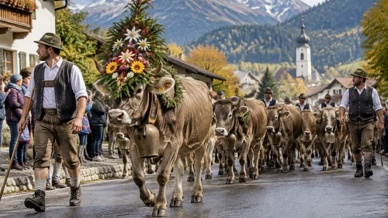 Viehscheid im Allgäu: geschmückte Kühe mit Blumenkranz und Senner in Tracht ziehen durchs Dorf, dahinter Kirchturm und Berge