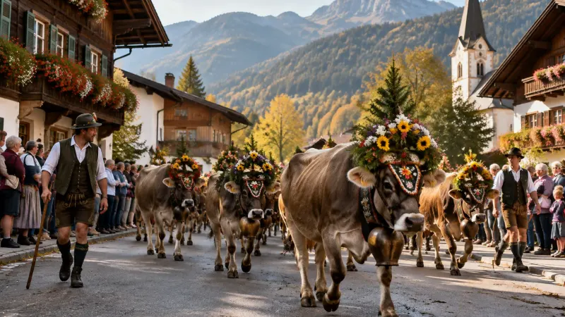 Viehscheid in Bad Hindelang: geschmückte Kühe ziehen zwischen Holzhäusern mit Blumenbalkonen durchs Dorf, Zuschauer säumen die Straße