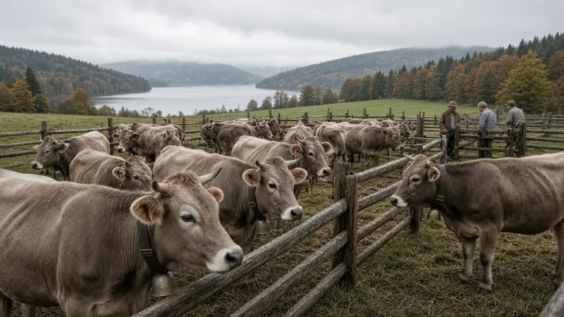 Scheidplatz beim Viehscheid: Braunvieh mit Glocken in hölzernen Pferchen, Bauern sortieren die Tiere, dahinter ein See und bewaldete Hügel im Herbst