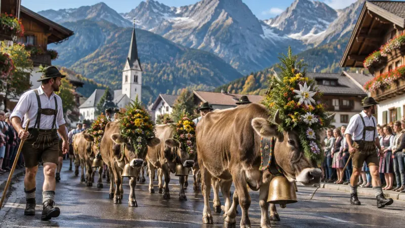 Alpabtrieb in Oberstdorf: Kranzrind mit großer Glocke und Hirten in Lederhose vor der Kirche und den schroffen Allgäuer Alpen