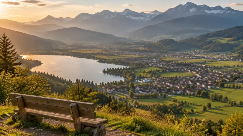 Aussichtsbank über dem Allgäu im Abendlicht mit Blick auf See, Orte im Tal und die Allgäuer Alpen