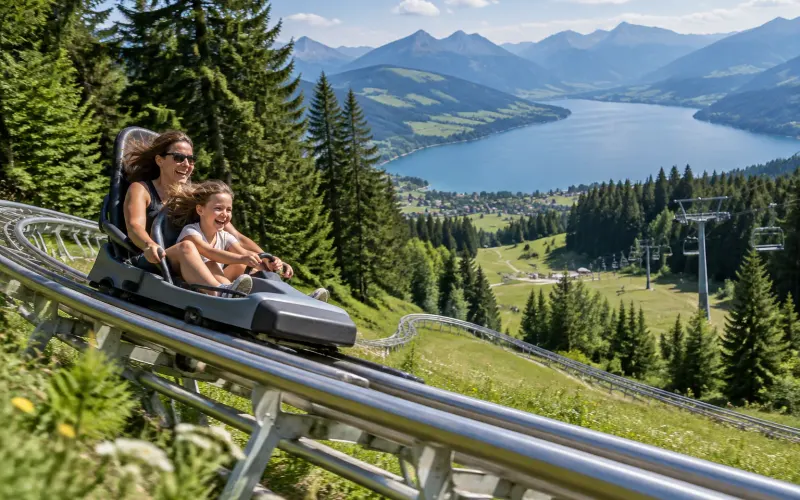 Mutter und Kind fahren mit dem Alpsee Coaster über die Wiese bergab, unten liegt der Große Alpsee zwischen den Bergen