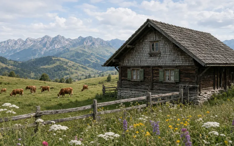 Historischer Allgäuer Bauernhof mit Holzschindeln am Hang in Diepolz, davor grüne Wiesen, im Hintergrund die Allgäuer Alpen