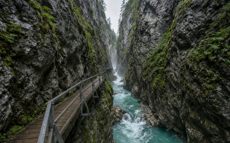 Holzsteg an der Felswand der Breitachklamm bei Oberstdorf, tief unten rauscht das grüne Wasser der Breitach zwischen moosigen Felsen