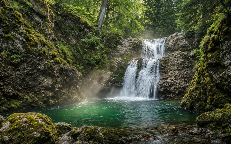 Die Buchenegger Wasserfälle bei Oberstaufen: Die Weißach stürzt über zwei Stufen aus Nagelfluhfels in ein grünes Becken, umgeben von dichtem Wald