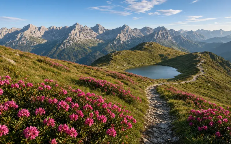 Blühende Alpenrosen an den grünen Hängen des Fellhorns bei Oberstdorf, dahinter die Gipfel der Allgäuer Alpen im Morgenlicht
