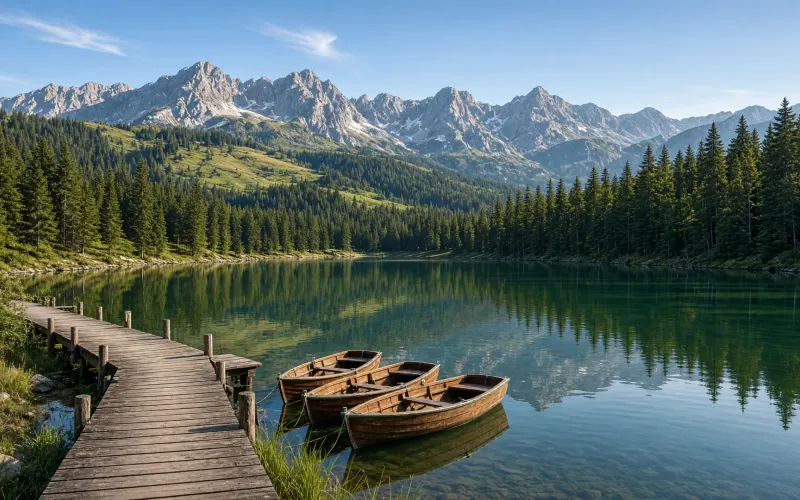 Der Freibergsee bei Oberstdorf an einem Sommermorgen: grünblaues Wasser, ein hölzerner Badesteg und Ruderboote am Ufer, rundum dichter Bergwald und dahinter die Allgäuer Alpen