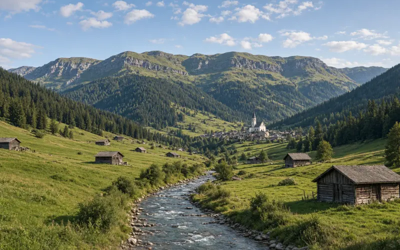 Blick ins Gunzesrieder Tal: grüne Alpwiesen mit verstreuten Heustadeln, der Bach im Talgrund und dahinter die bewaldeten Hänge der Nagelfluhkette